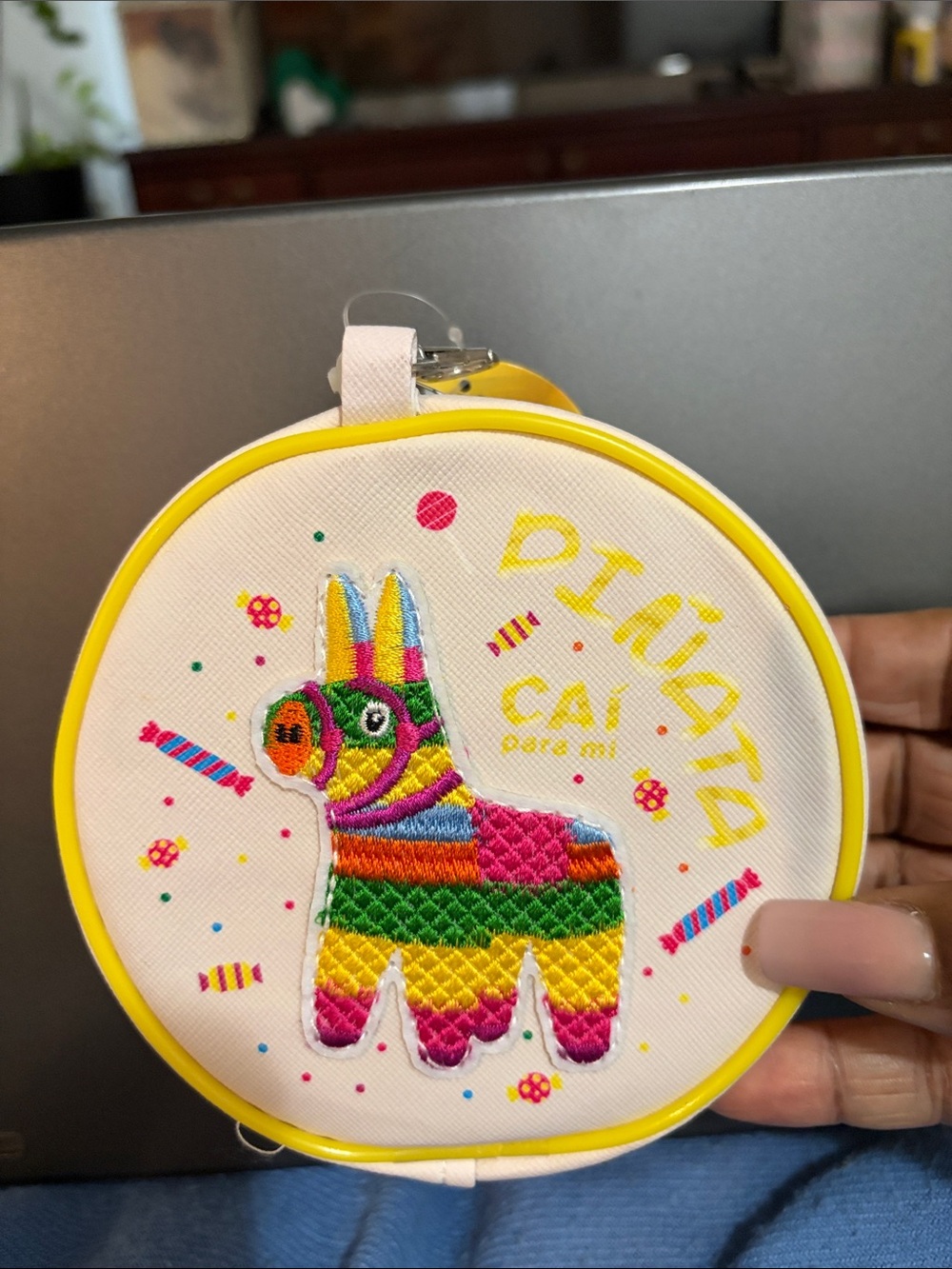 Kids Piñata Embroidered Coin Purse - Yellow Trim with Lip Gloss inside.